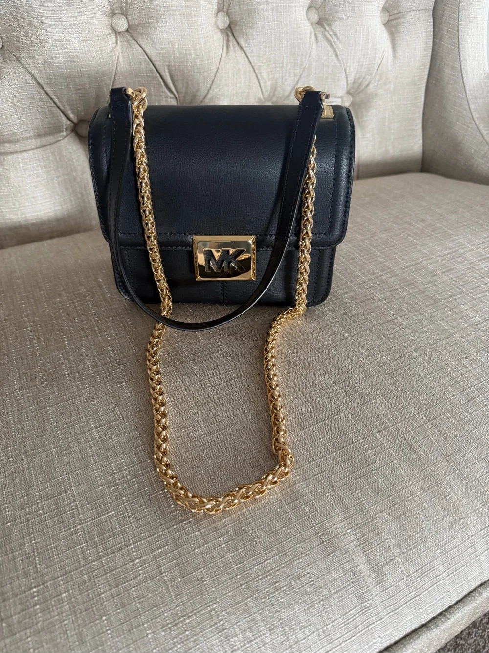 Michael Kors Black Leather Crossbody with Gold Chain Strap